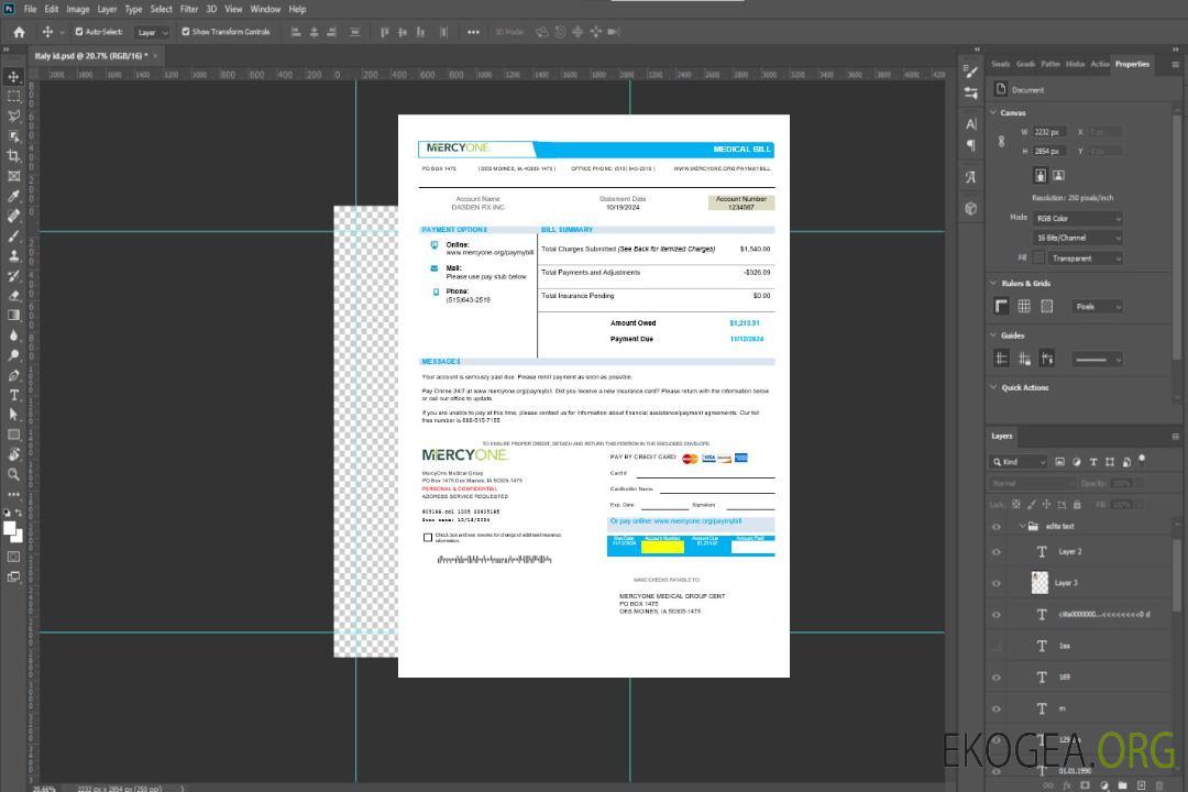États-Unis Iowa Modèle de facture de services publics MercyOne pour entreprise médicale aux formats Word et PDF template